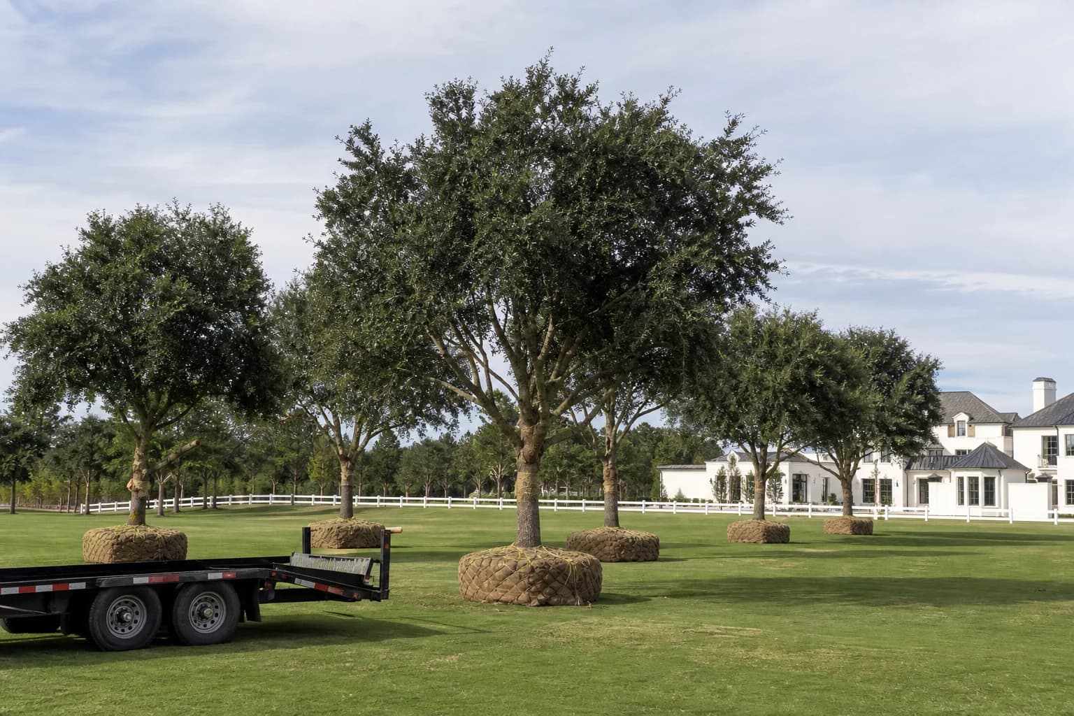 Multiple balled-and-burlapped trees staged for a larger planting project