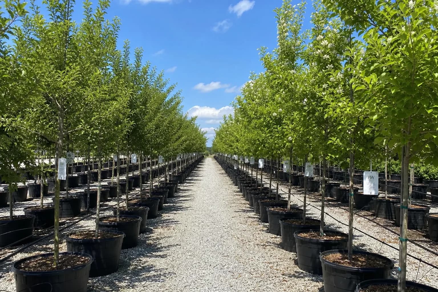 Rows of nursery trees along an aisle for plant sourcing