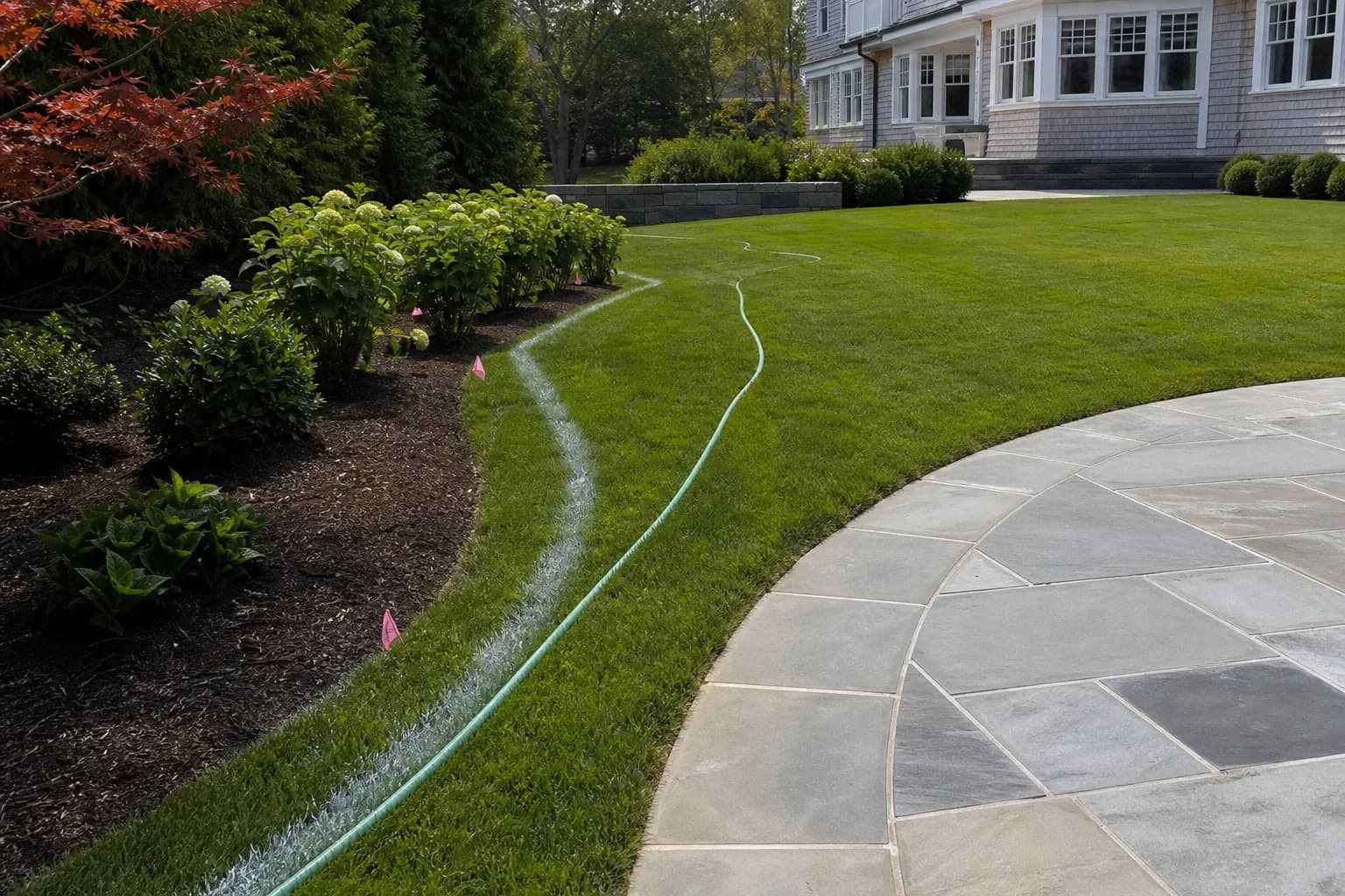 Landscape bed edge marking and layout planning before shrub planting