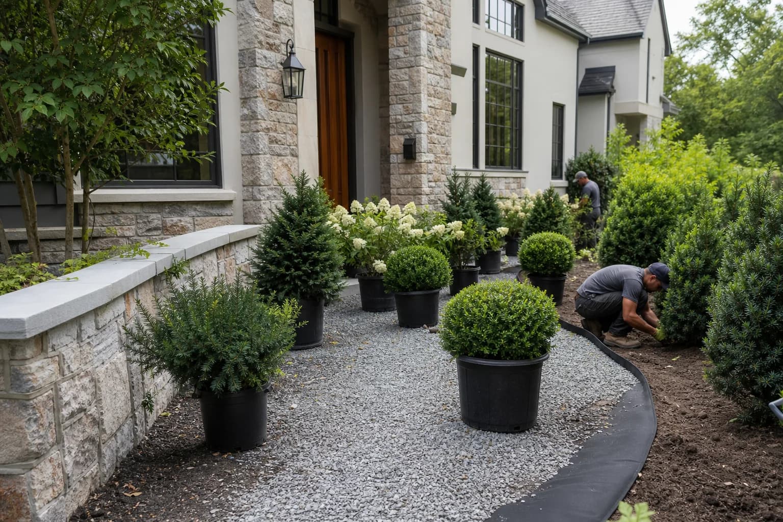 Foundation bed shrub installation with fresh landscape planting
