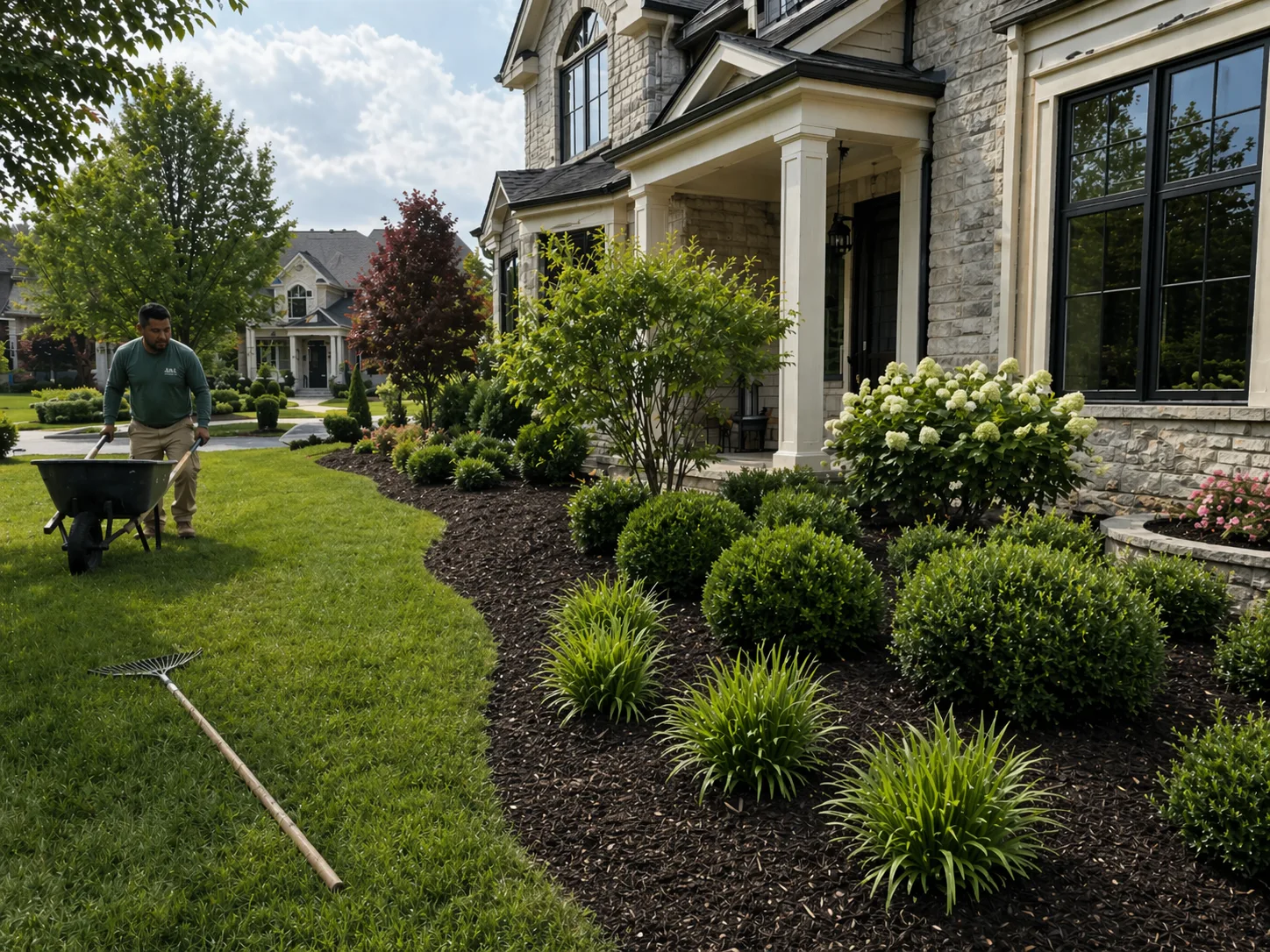 Professional mulching a lush garden bed at an upscale residential property