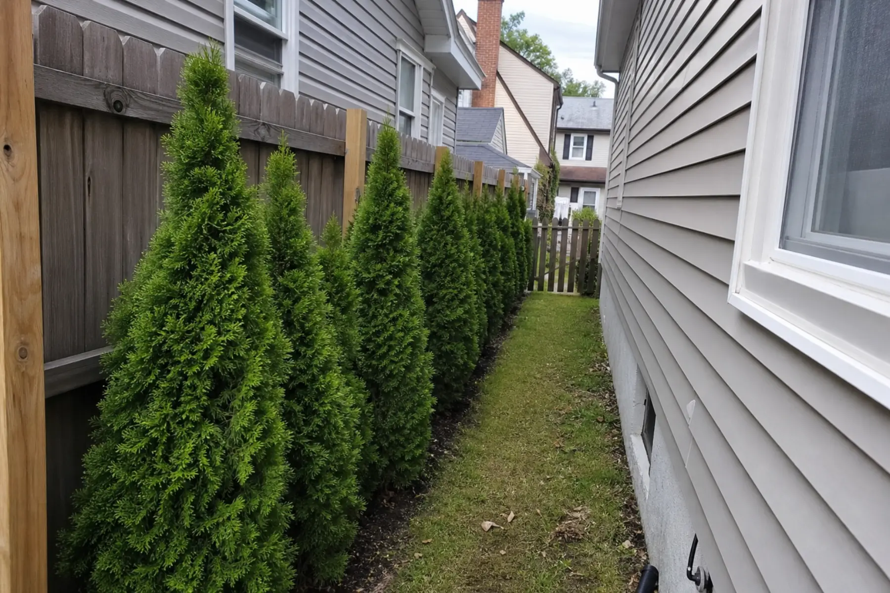 Emerald Green arborvitae planted in a narrow side yard