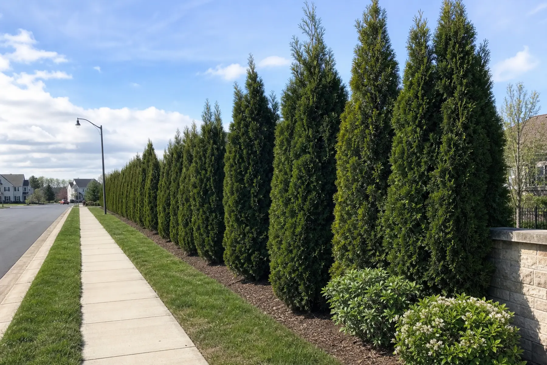 Community road buffer with privacy screening trees