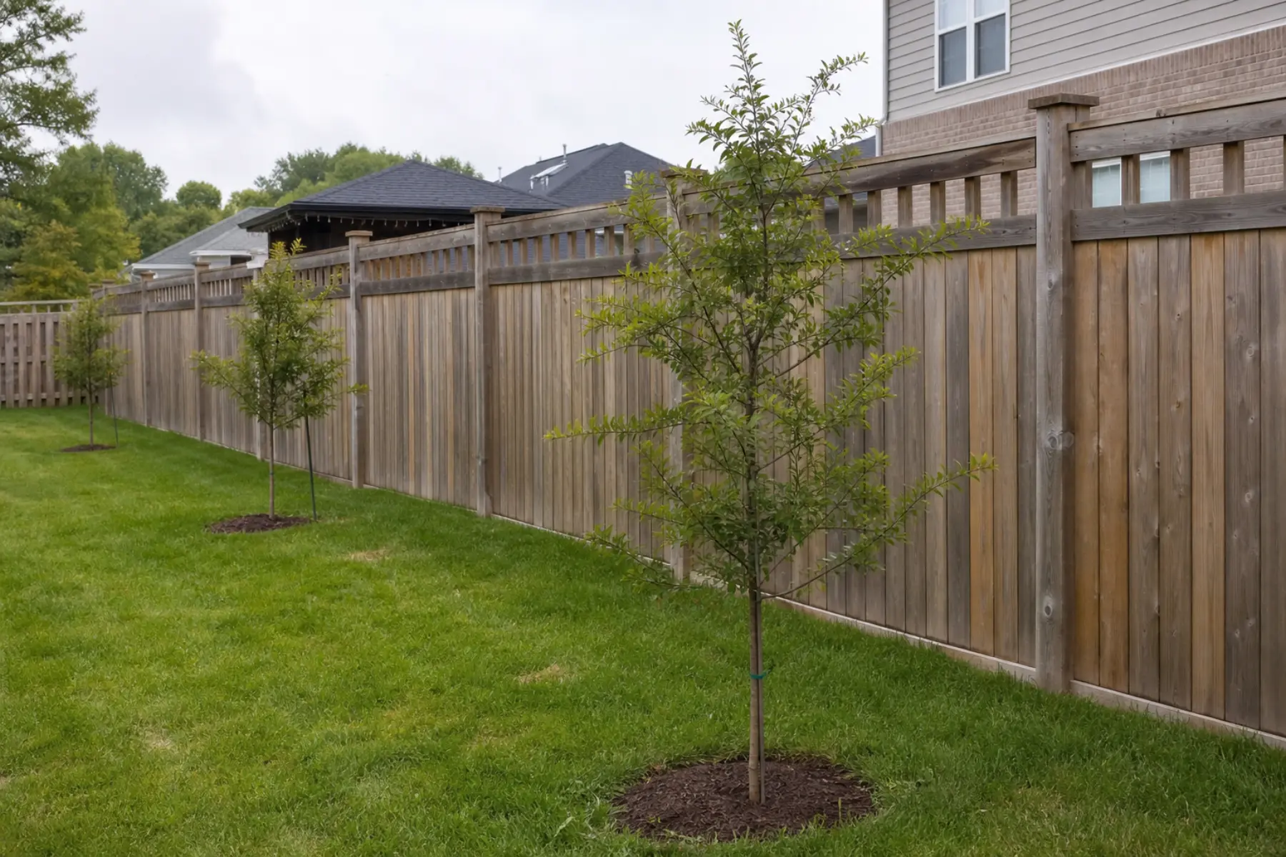 Trees planted with offset from a backyard fence and property line