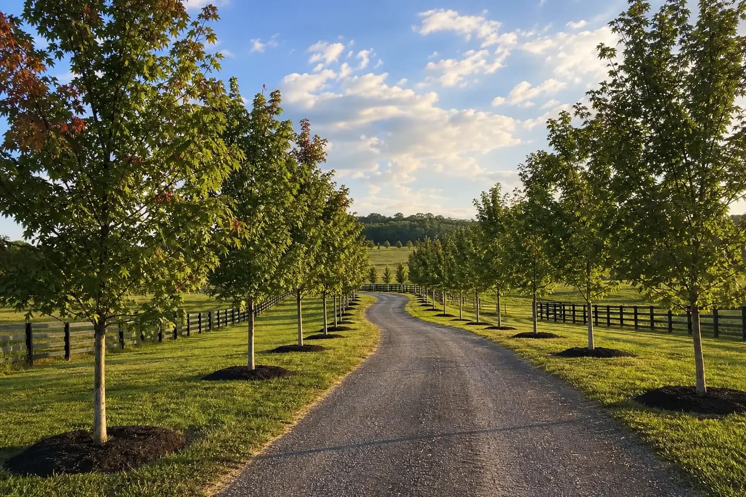 Rows of deciduous trees planted along a Kentucky farm drive