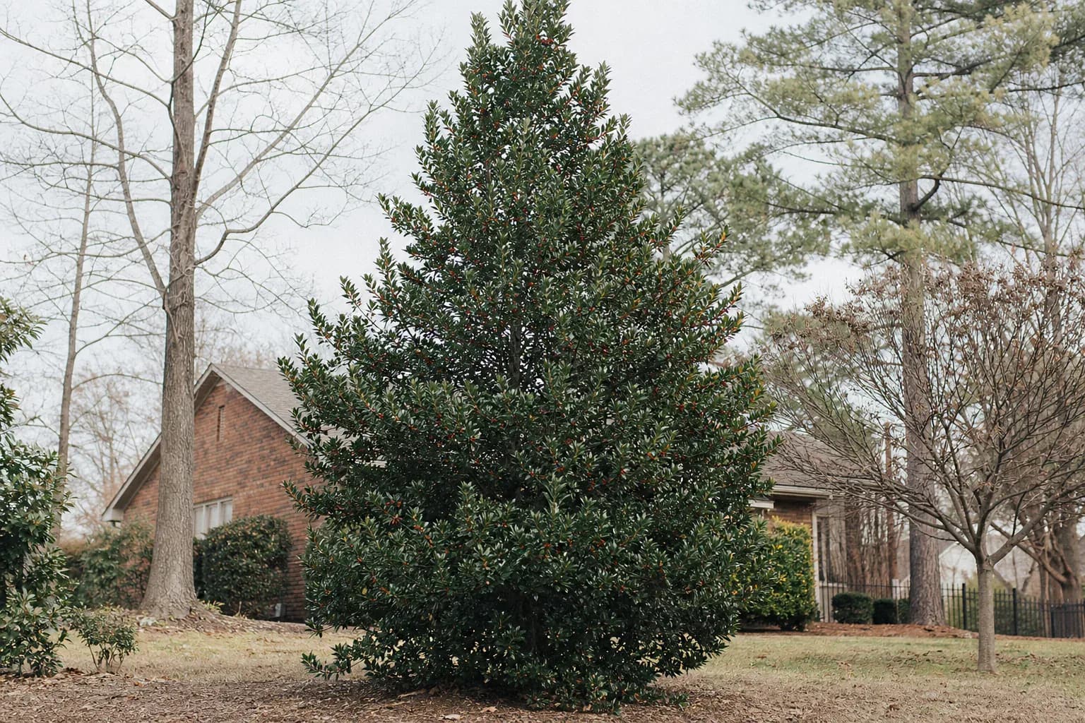 Mature American holly with evergreen leaves and red berries