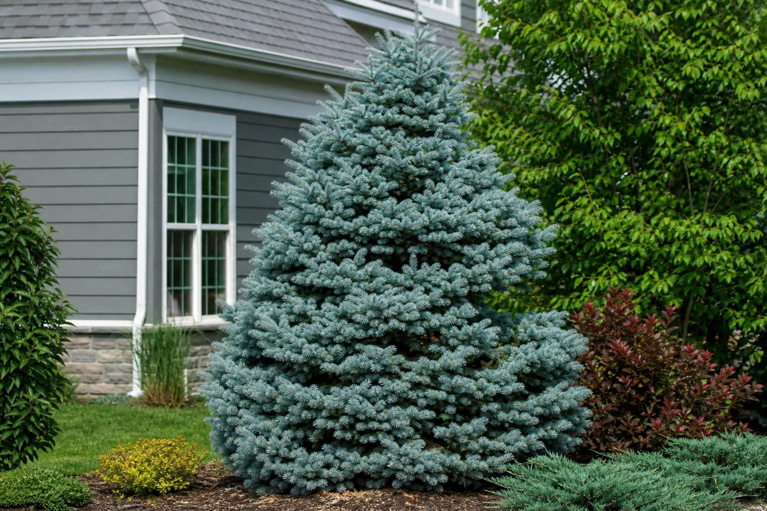 Blue spruce growing beside a home