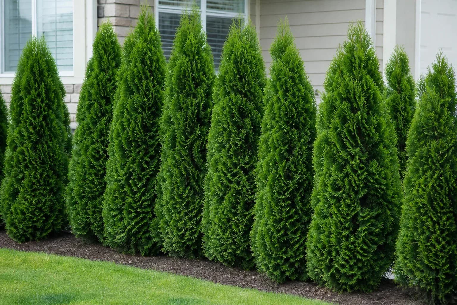 Mature Emerald Green arborvitae showing their narrow upright form