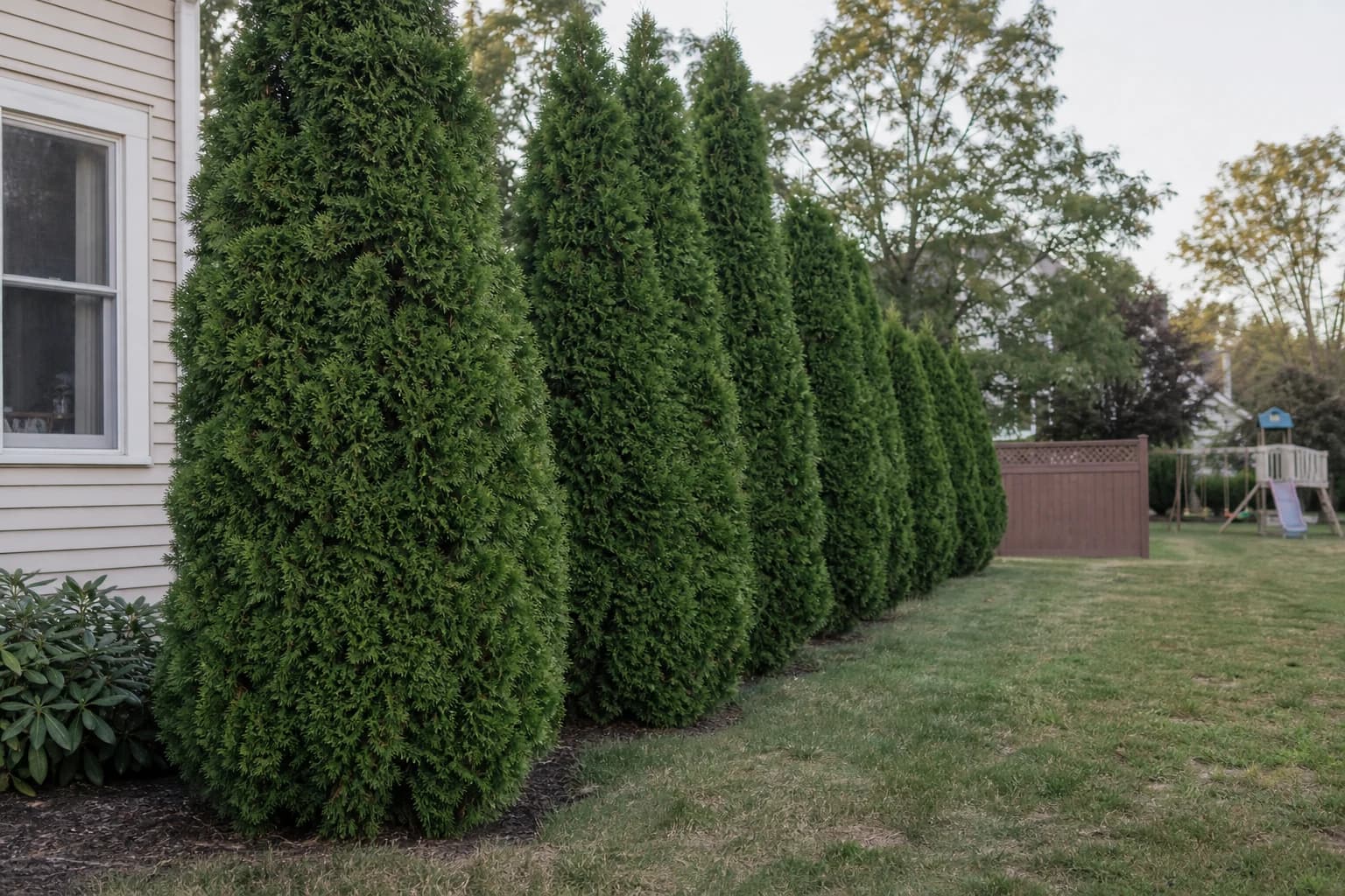 Mature Green Giant arborvitae showing their broad screening form