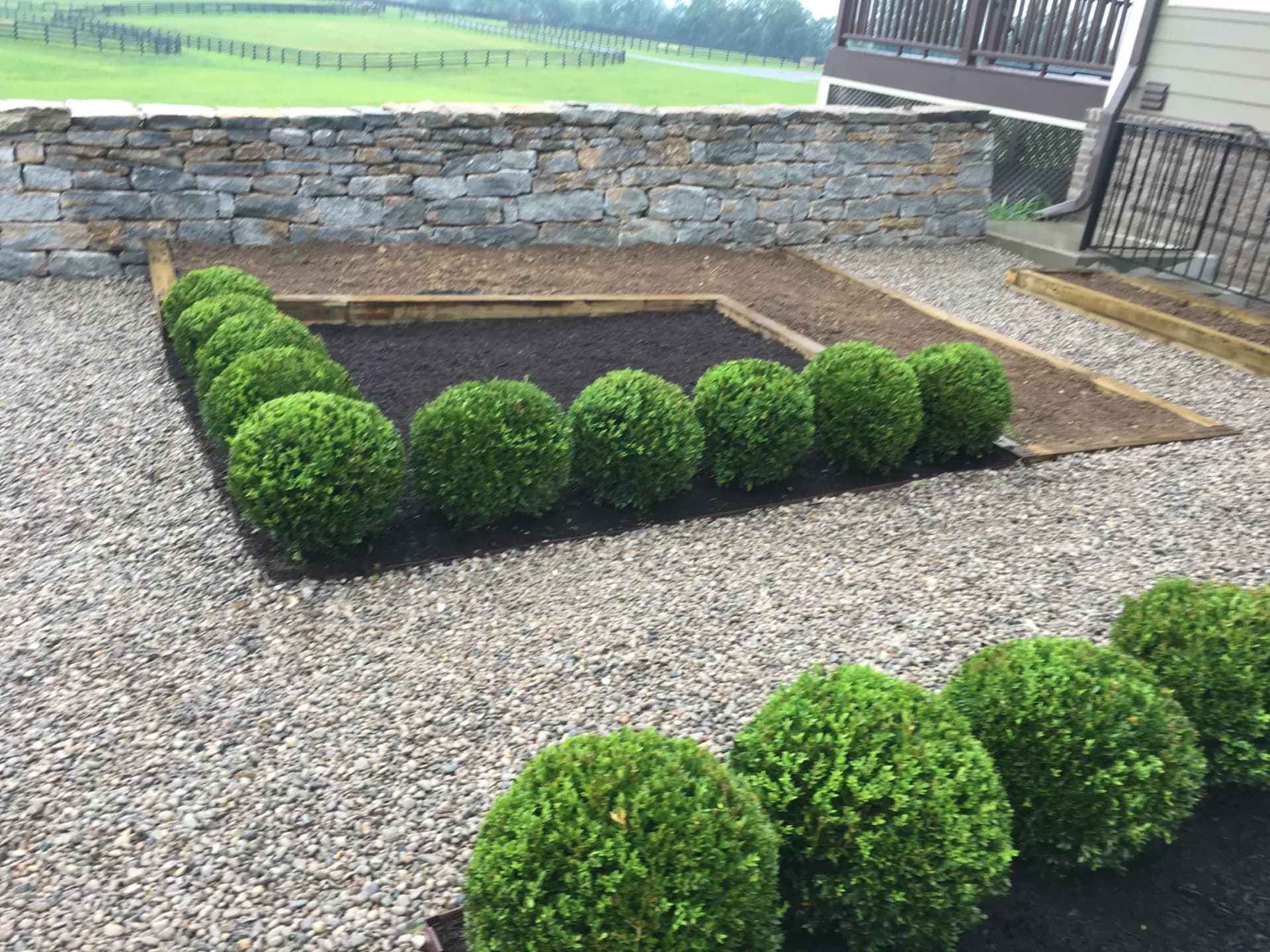 Shrub planting bed and gravel walkway with wood-framed garden beds in Lexington