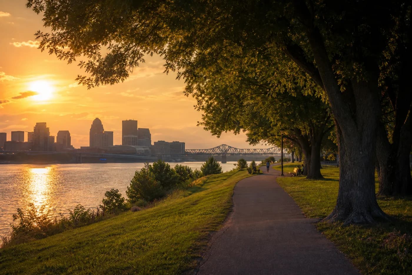 Louisville skyline beyond mature trees along the Ohio River