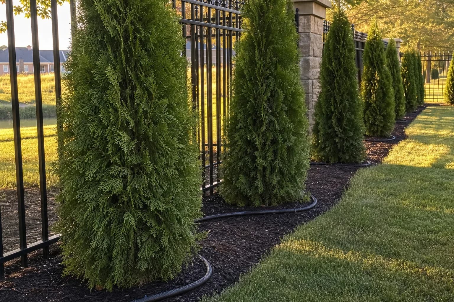 Irrigation line watering a row of newly planted evergreen trees