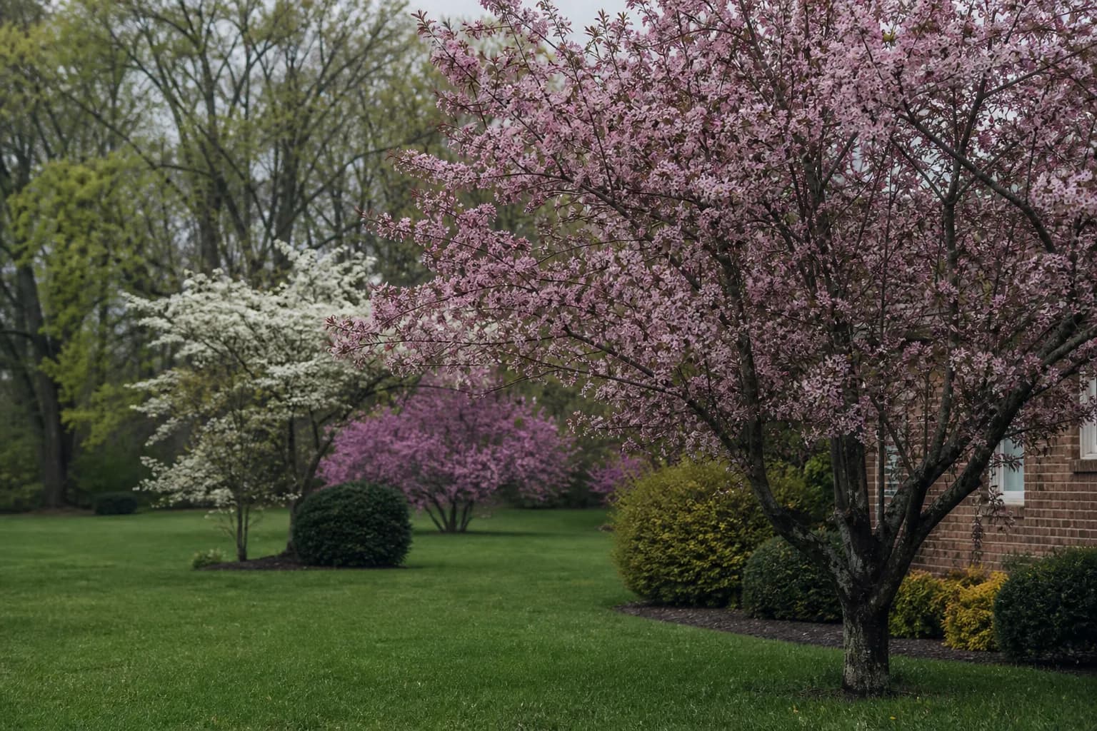 Pink and white flowering trees in a residential landscape