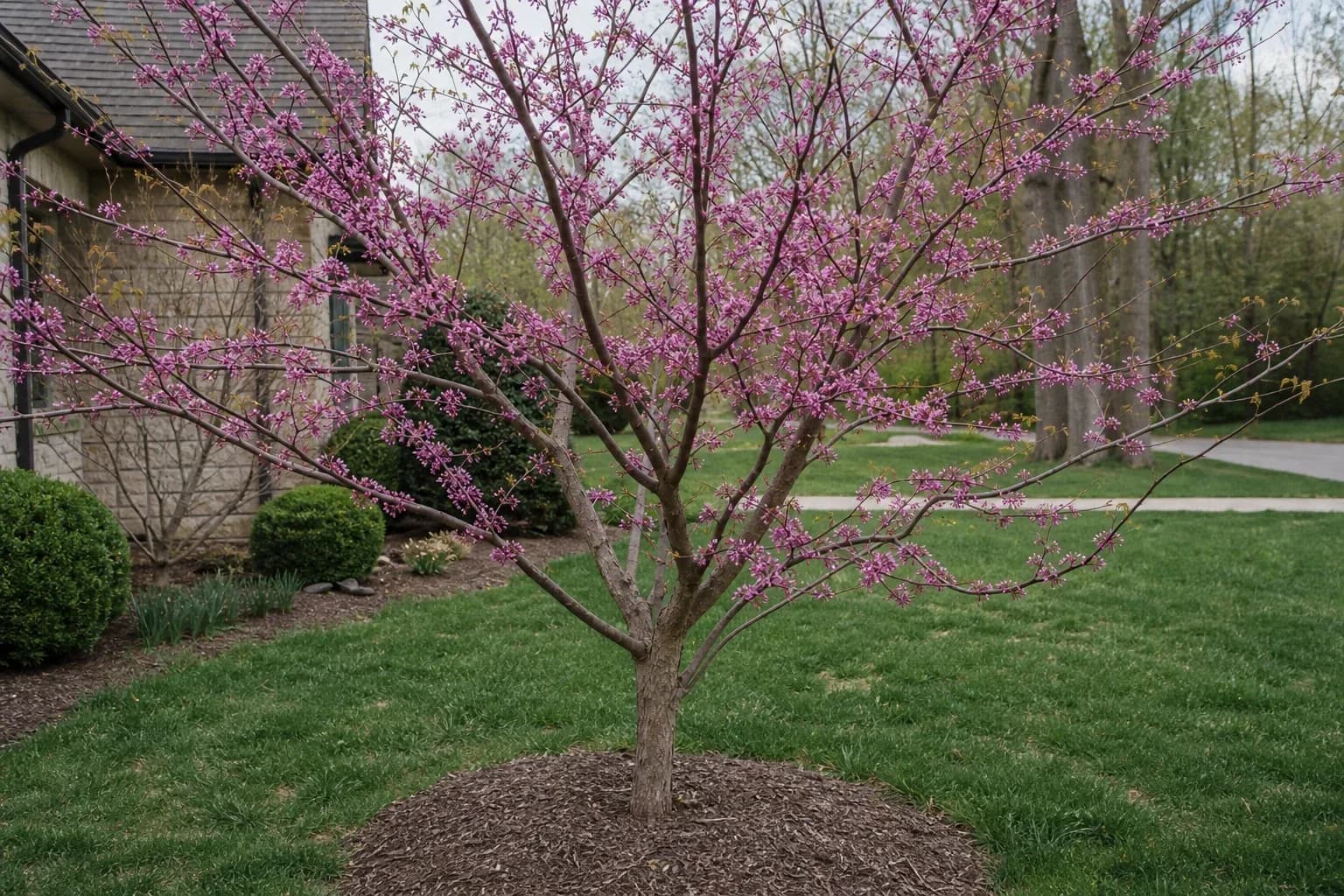 Pink redbud tree blooming beside a home